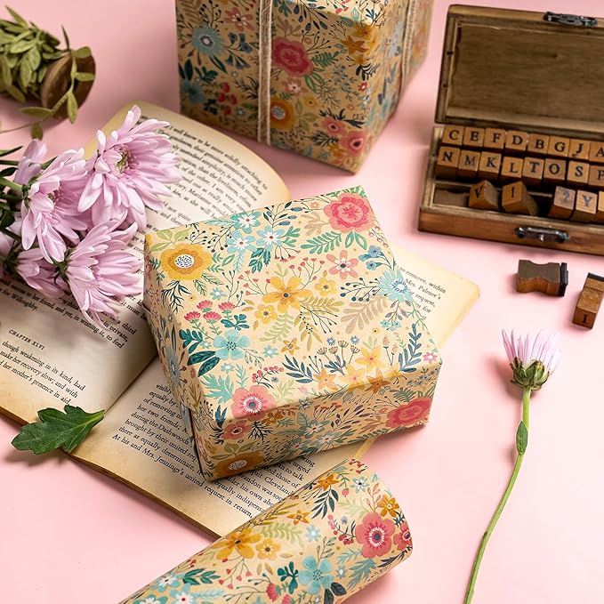 WRAPAHOLIC 30 Inch Jumbo Kraft Floral Wrapping Paper Roll - 30 Inch x 100 Feet Jumbo Roll - Spring Summer Garden Flower Design Perfect for Wedding, Bridal Shower, Birthday