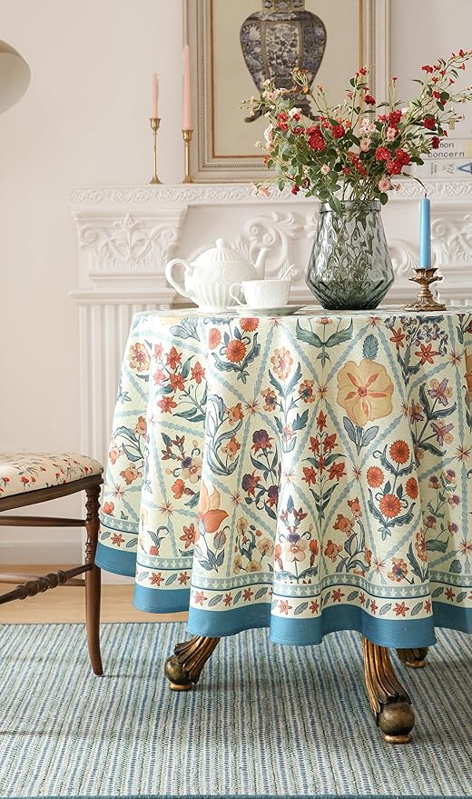 ISAENNE Designer Linen Elegant Round Tablecloth,Colorful Floral Bohemian Table Cloth,Wrinkle Resistant Decor Tablecloths for Dining Thanksgiving Kitchen Christmas,Diameter 67"-Floralsea A