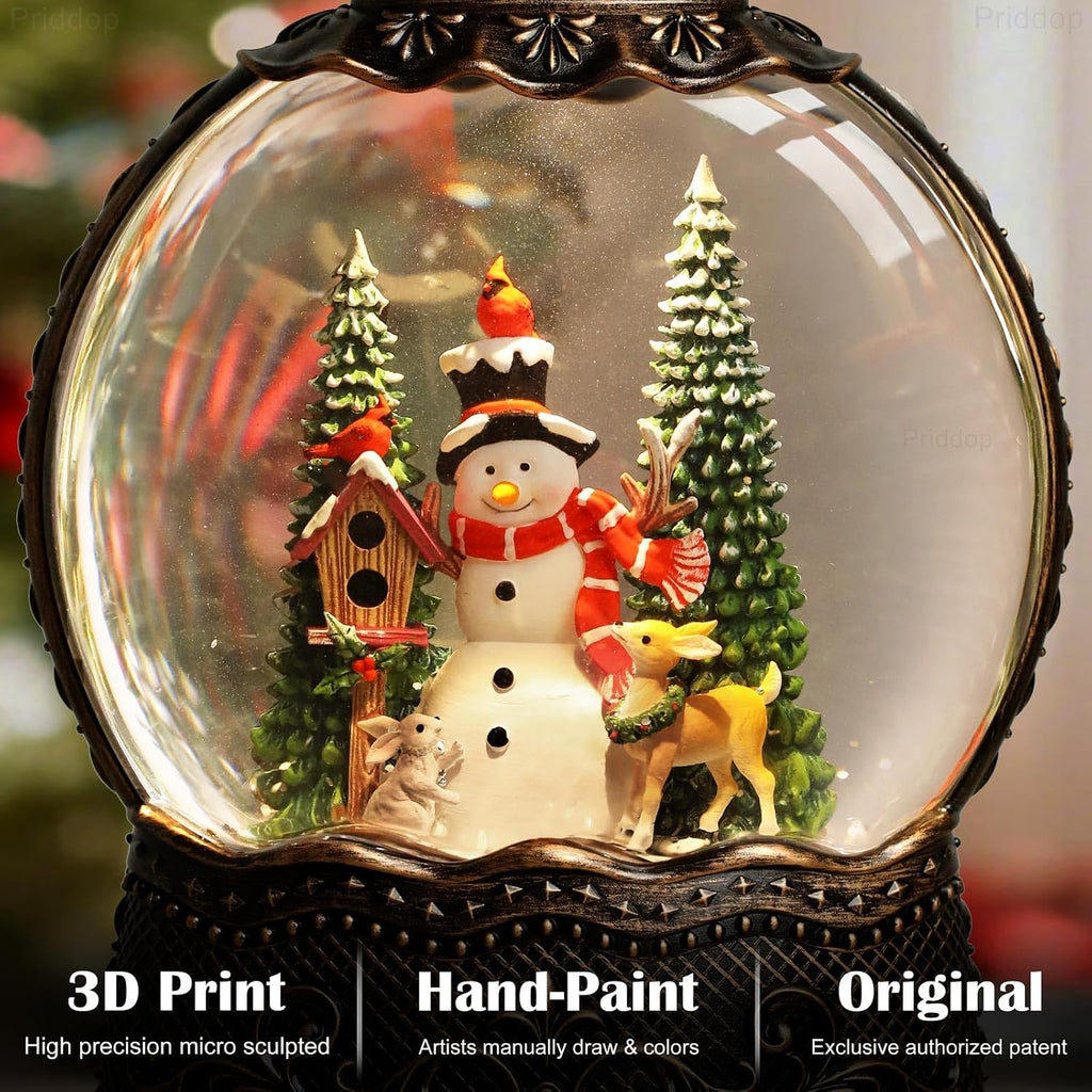 Priddop Snowman Snow Globe Christmas Decorations Indoor Deer Cardinal Snowman Gifts Classic Relief Texture Musical Glitter Snowfall USB/Battery Timer Lantern 10.6 inch