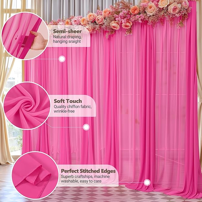 10ft x 10ft Hot Pink Backdrop Curtains, Wrinkle-Free Sheer Chiffon Fabric Photo Backdrop Drapes for Wedding Arch Party Ceremony Stage Photography Decorations