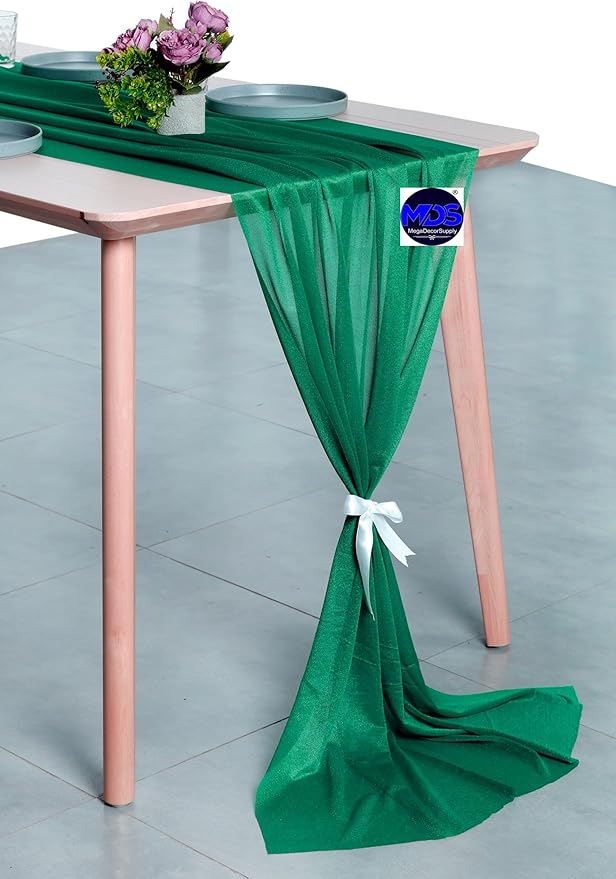 MDS 2 Pack 10ft Chiffon Table Runner 29 x 120 Inches Sheer Wedding Runner Romantic Rustic Table Runner for Wedding Decorations, Birthday Parties, Bridal Shower Party Arch Decor - Emerald Green