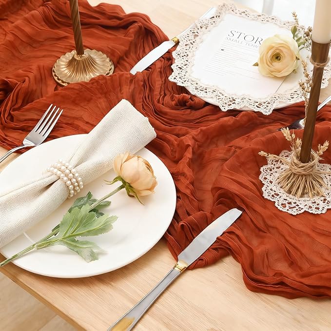 6 Pack Terracotta Cheesecloth Table Runner 23x120 inch Rustic Boho Gauze Table Runner 10 FT Long Sheer Cheese Cloth Fabric Table Runners for Romantic Wedding Bridal Shower Birthday Party Decor