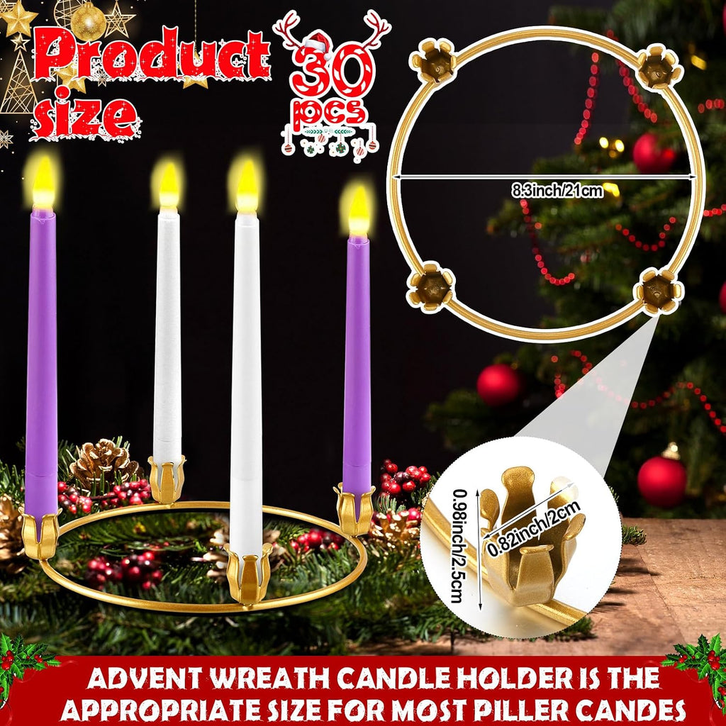 Thyle 50 Pcs Metal Christmas Advent Wreath Rings Bulk Gold Advent Wreath Candle Holder Xmas DIY Taper Candle Rings Table Candelabra Holder for Church Supply Home Table Centerpiece Festival Decoration