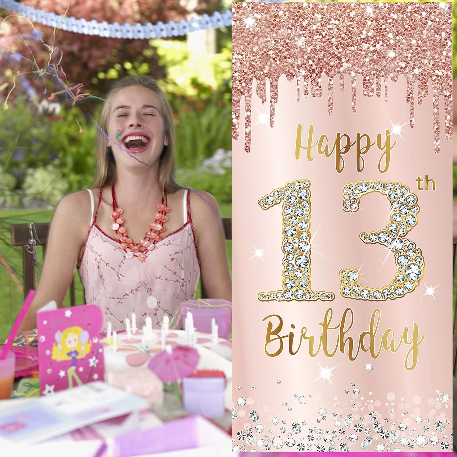 Happy 13th Birthday Door Banner Backdrop Decorations for Girls, Pink Rose Gold 13 Birthday Party Door Cover Sign Supplies, Thirteenth Year Old Birthday Poster Background Photo Booth Props Decor