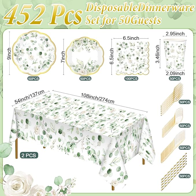 452 Pcs Sage Green Baby Shower Party Decorations for 50, Eucalyptus Leaves Paper Plates Napkins Cups Tablecloth Cutlery Straws for Bridal Baby Shower Birthday Woodland Party Supplies