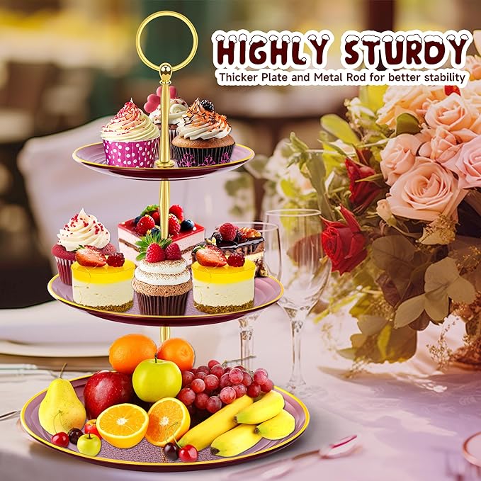 PinCute Cupcake Stand Holder - 3 Tier Cup Cake Dessert Stands, Plastic Tiered Serving Tray&Metal Rod for Birthday Party, Wedding, Tea Party, Baby Shower-Red