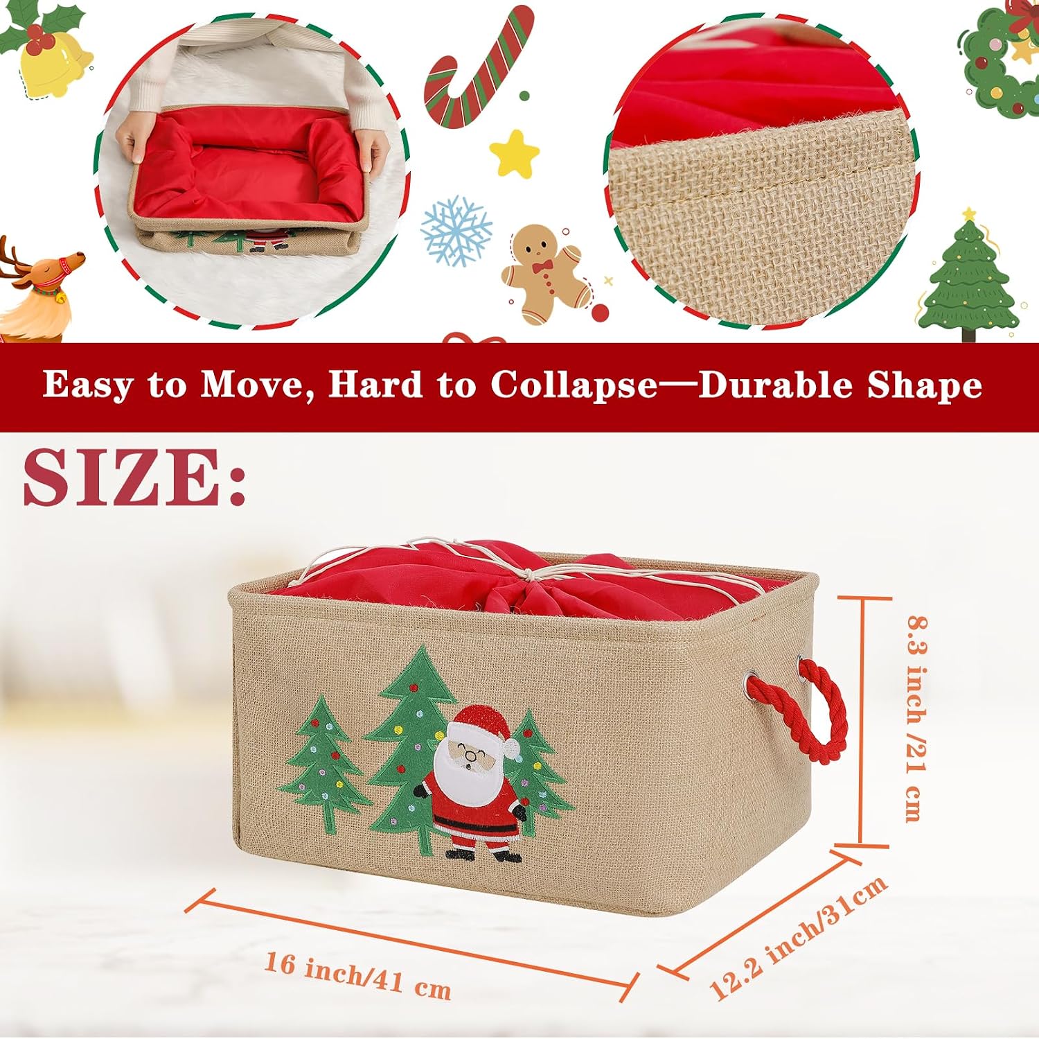 Christmas Basket Large Christmas Gift Baskets Empty Fabric Organizer Bin with Handles, Gift Bags Foldable Holiday Toy Gift Holder for Fireplace, Kids Room, Home Decor