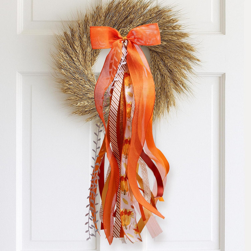 RunNico Thanksgiving Assorted Ribbon Bow for Wreath, Large Fall Clip-On Wreaths Ribbon Bundle, Orange Decorative Wreath Sash Bundle for Thanksgiving Day Party Autumn Front Door Yard Porch Decor