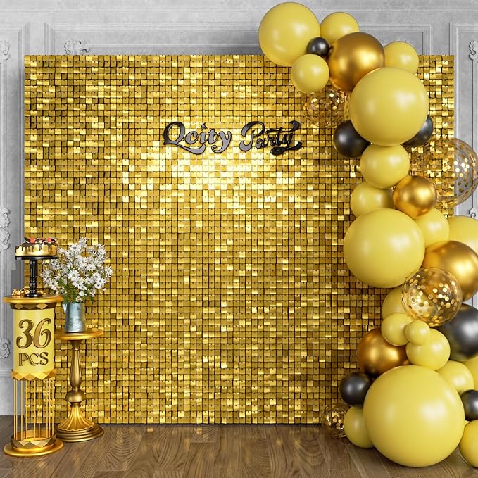 Qcity Gold Shimmer Wall Backdrop 36PCS, Black Back Not See-Through Design, Square Sequin Glitter Backdrop Panel, Perfect for Outdoor Events, Birthdays, Wedding and Party Decoration