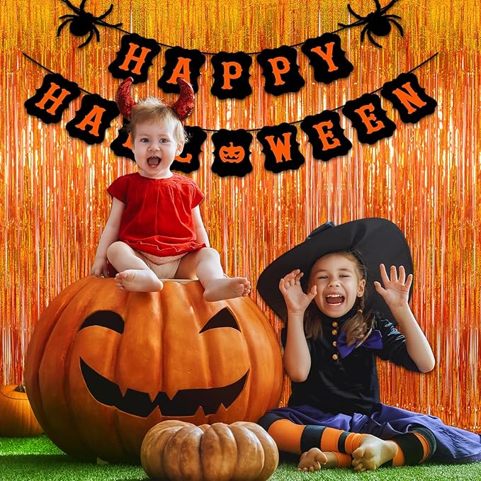 Reusable Foil fringe Curtains Halloween Decor Indoor Party Decorations - Melsan 3 Pack 3.2 x 8.2 ft Tinsel Curtain Party Photo Backdrop for Birthday Party Baby Shower or Graduation Decorations (Orange)