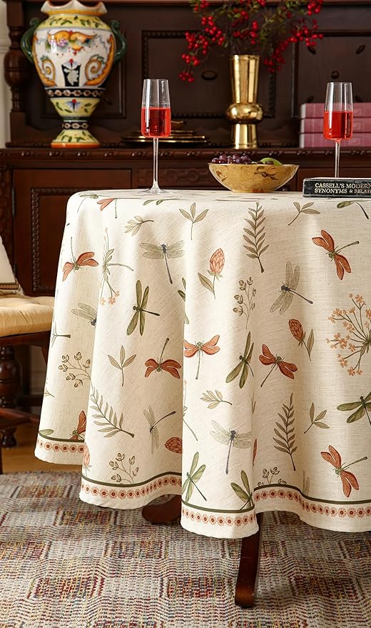 ISAENNE Designer Floral Linen Small Round Tablecloth,French Off White Elegant Table Cloth,Washable Home Decor Tablecloths for Dining Thanksgiving Kitchen Christmas Party,Diameter 55"-Grace B