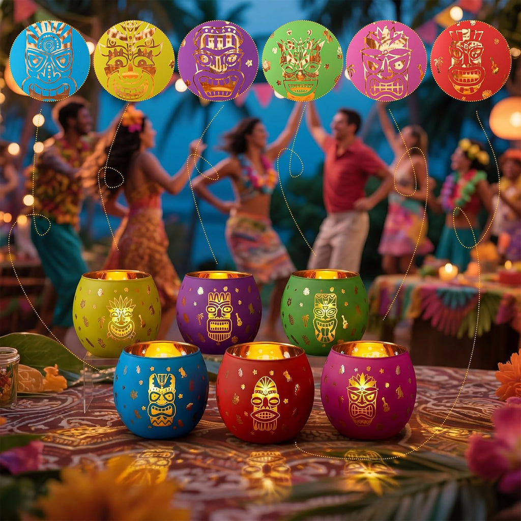 Jingmore 6 Pcs Hawaiian Luau Party Decoration Tiki Votive Candle Holder Tiki Torches Glass Candle Holder Tropical Flower Tealight Holders with 6 Laser Engraving Pattern for Hawaiian Aloha Summer Party