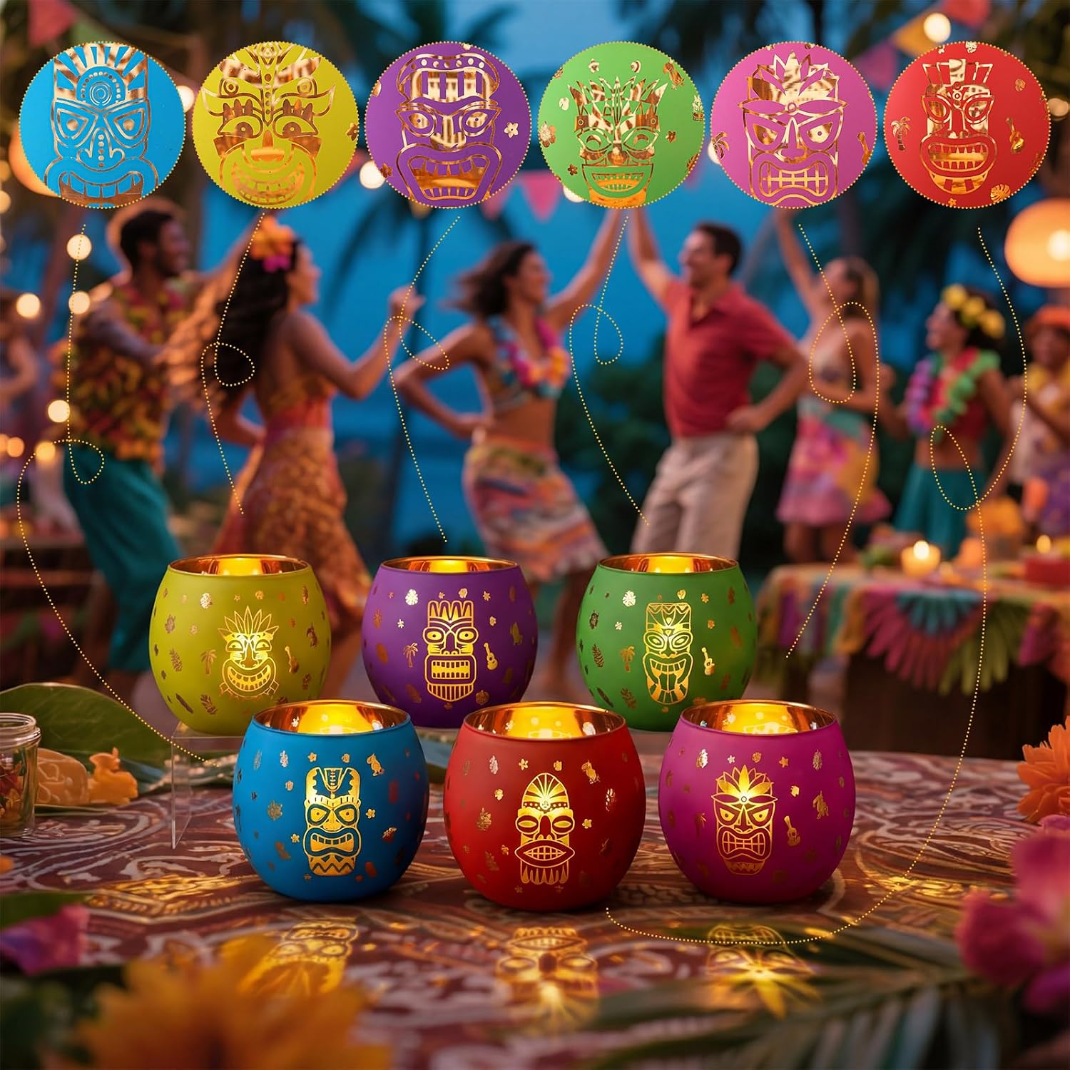 Jingmore 6 Pcs Hawaiian Luau Party Decoration Tiki Votive Candle Holder Tiki Torches Glass Candle Holder Tropical Flower Tealight Holders with 6 Laser Engraving Pattern for Hawaiian Aloha Summer Party