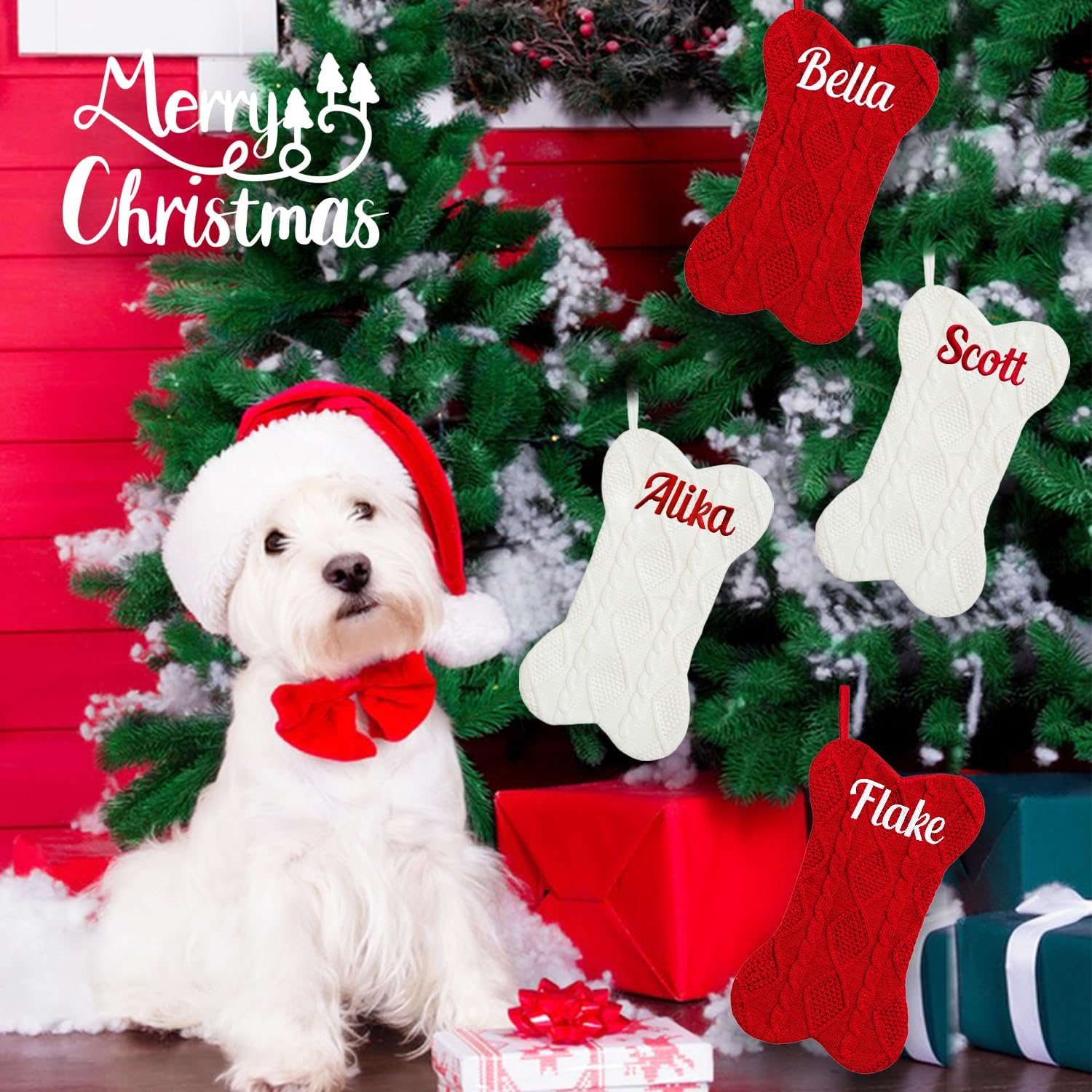 Personalized Dog Christmas Stocking, Custom Bone Shaped Knitted Christmas Stocking, Large Pet Hanging Christmas Stocking(1 Pack)