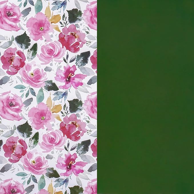RUSPEPA Reversible Floral Wrapping Paper for Women, Mini Roll, Vintage Pink Rose with Deep Green Solid, Elegant Gift Wrap for Birthday, Wedding, Mother's Day, Bridal Shower, 17 Inches x 16.4 Feet