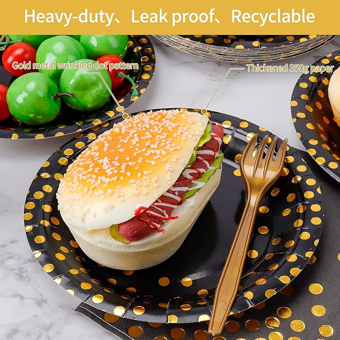 160 Pcs Black and Gold Paper Plates, Forks and Cups Party Supplies, Disposable Paper Dessert Cake Plates Tableware Supplies for Birthdays, Graduations, Weddings, Holidays (40 Guests)