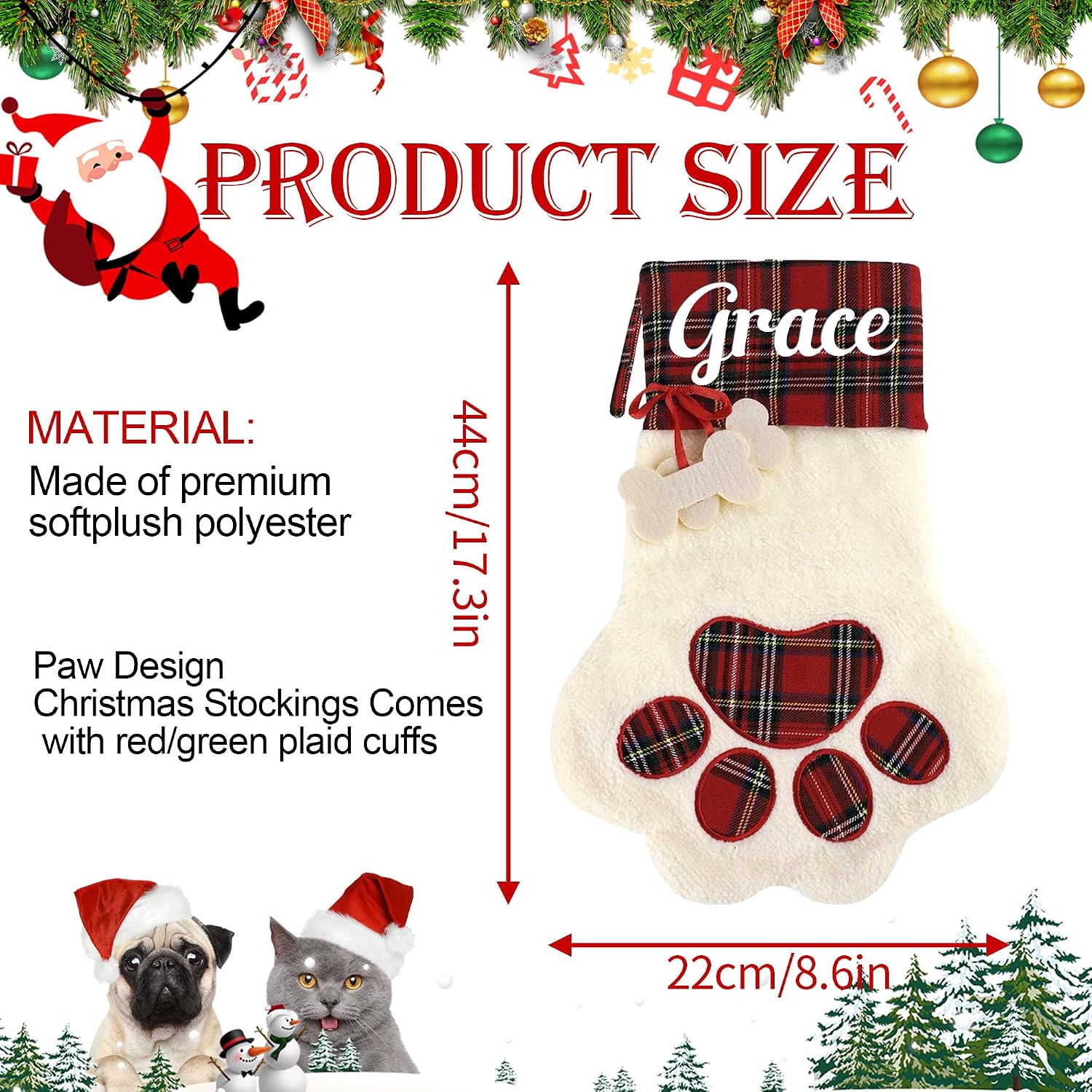 Personalized Dog Christmas Stocking, Custom Pet Paw Christmas Stocking with Name, Customized Xmas Stockings Plaid Cuff, Christmas Hanging Decor, Gifts for Dog, Cat, Pet, Kids, Family Set of 1