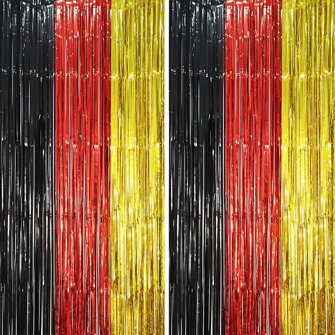 2 Pack Red Black Gold Foil Fringe Backdrop Curtains, Tinsel Streamers Party Decorations, Fringe Backdrop, Door Shimmer for Thanksgiving Day or Birthday Party