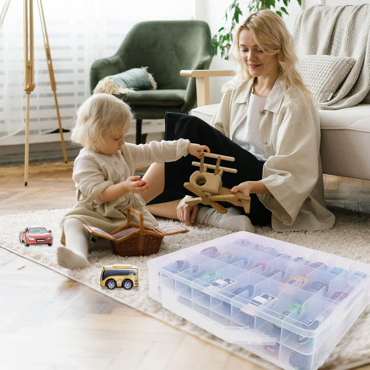 diecast car storage case, 48 slots, clear 1:64 on a desk or shelf