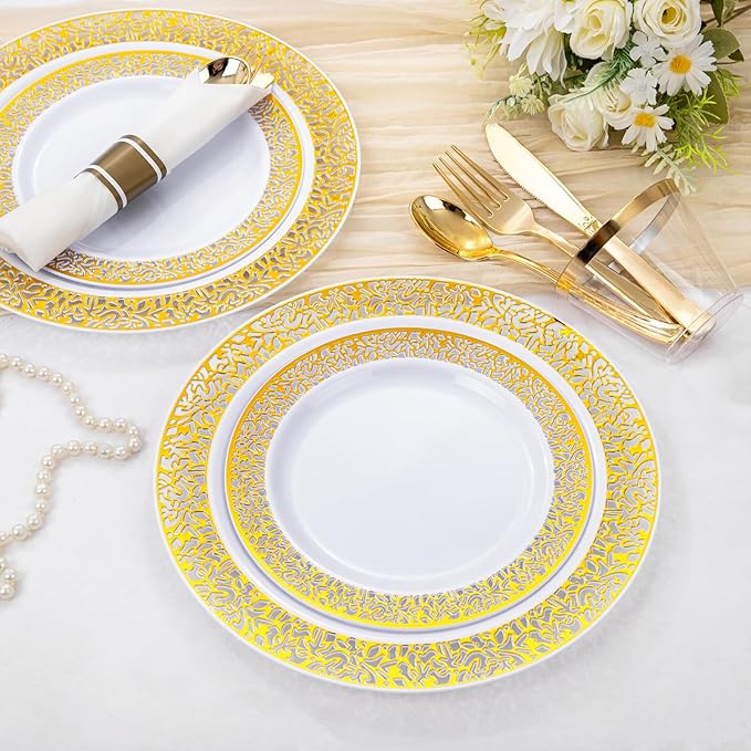 WELLIFE 210Pcs Gold Plastic Dinnerware - Disposable Silverware and Cups, Include:30 Dinner Plates, 30 Dessert Plates, 30 Paper Napkins, 30 Cups, 30 Gold Plastic Cutlery Set for Party, Wedding