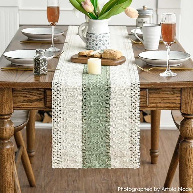 Artoid Mode Light Green Farmhouse Rustic Table Runner, Seasonal Holiday Hollow Kitchen Dining Table Decoration for Home Party Decor 12x72 Inch