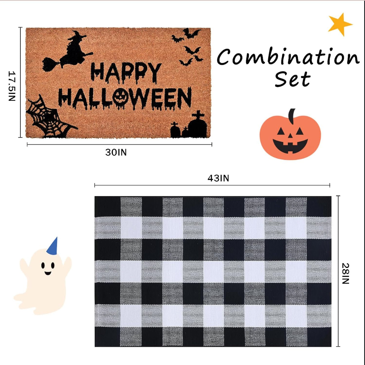 Homydecor Halloween Decor Doormat Combo Set, 100 Percent Coco Coir Welcome Ma...