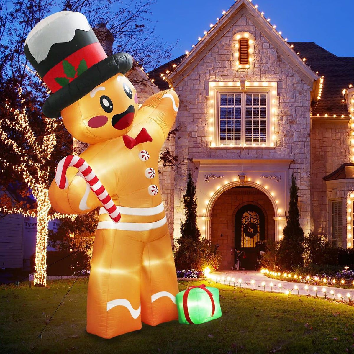 ourwarm 12ft christmas inflatables, giant gingerbread christmas decorations showing dimensions