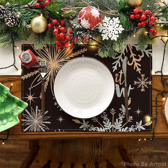 Artoid Mode Black Snowflake Let It Snow Winter Placemats Set of 4, 12x18 Inch Seasonal Christmas Table Mats for Party Kitchen Dining Decoration