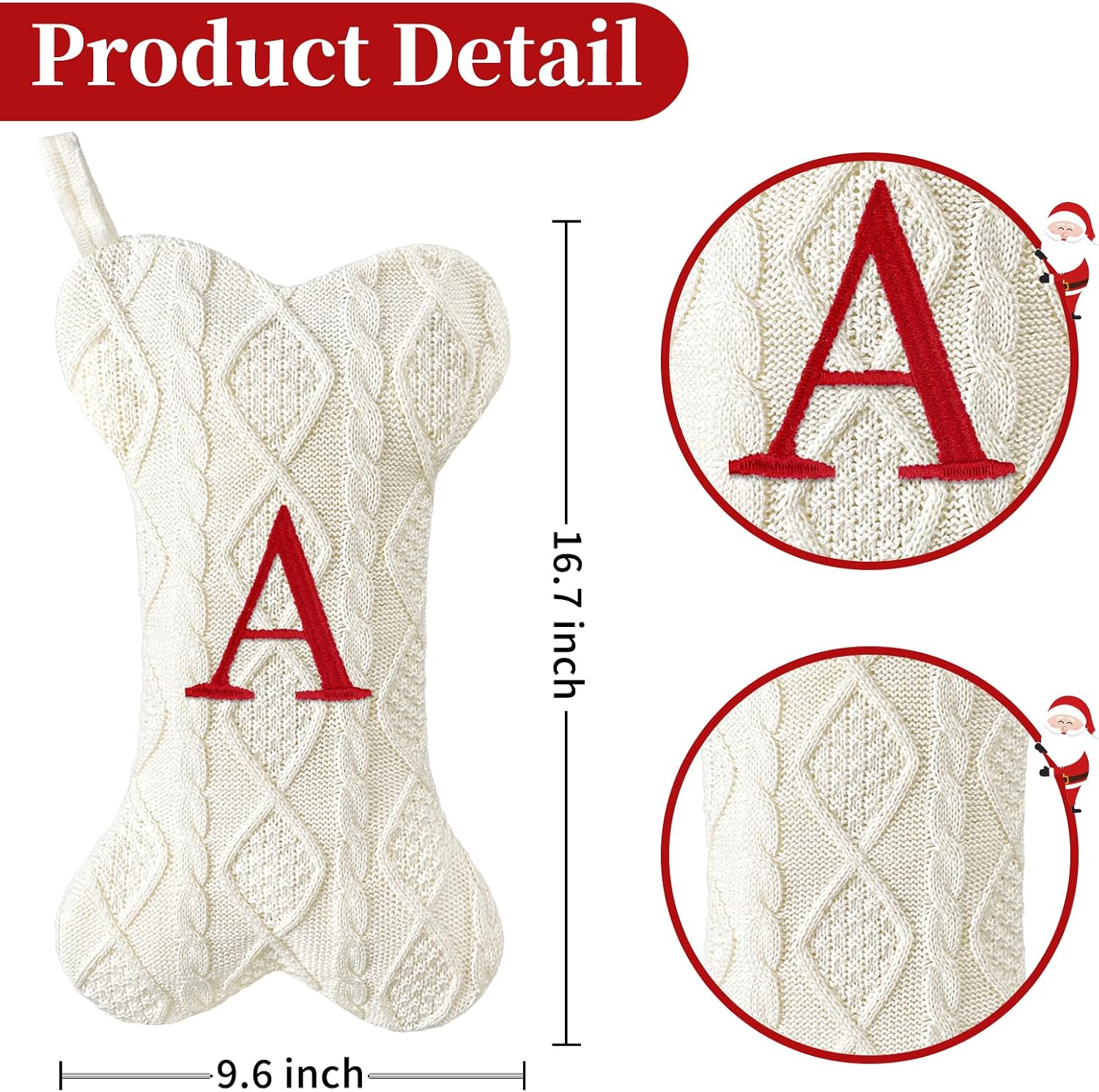 Malier Dog Christmas Stocking with Initials, Letter A Embroidered Knit Christmas Stocking for Dogs, White Large Bone Shape Xmas Pet Stockings Hanging Stocking for Dogs Cats Pets (White, Letter-L)