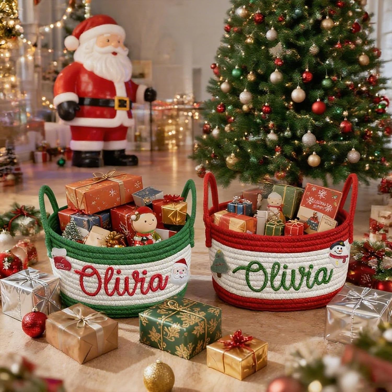 Personalized Christmas Woven Basket Custom Name Christmas Gift Basket Customized Toy Storage Basket Festive Storage Organizer for Holiday Decor Boy&Girl Christmas Gifts