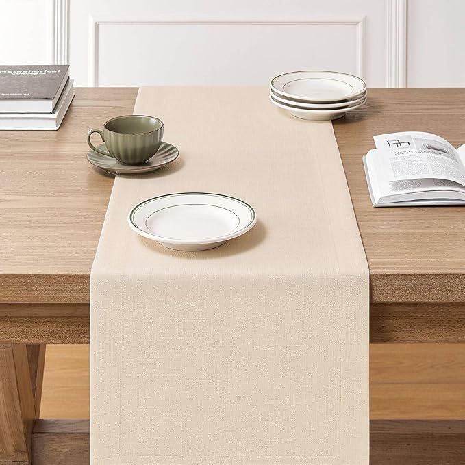 ZeeMart Linen Textured Border Table Runner, 14 x 90 Inch Cream, Farmhouse Style Cream Table Runners 90 Inches Long, Easy Care Everyday Polyester Table Runner