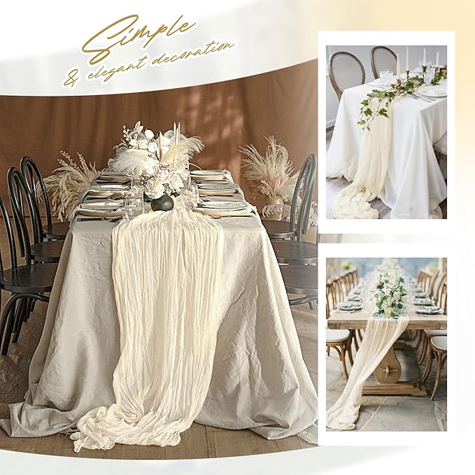 Aktor 4 Pack Ivory Table Runner Boho Cheesecloth Table Runner Semi Sheer Gauze Fabric Runners for Wedding Birthday Baby Shower Party Boho Table Decoration（Ivory）