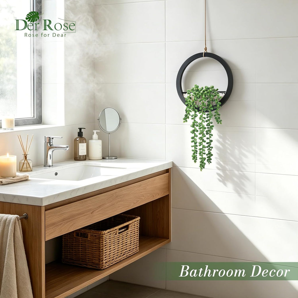 Der Rose 2 Pack Fake Plants Hanging Artificial Succulents Plants in Black Pots for Living Room Bathroom Accessories Boho Farmhouse Wall Decor