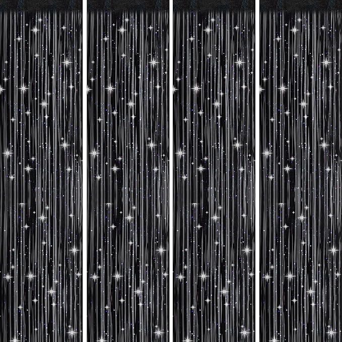 Picoway 4 Pack Foil Fringe Tinsel Backdrop Curtains, Birthday Engagement Bachelorette Party Decorations, Photo Booth Props Door Streamers Curtain (Black)