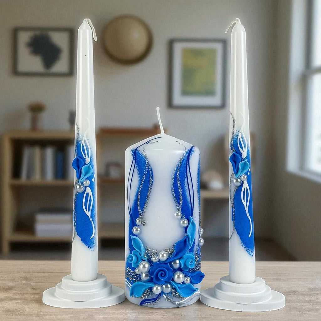 Unity Candle Set - Wedding Ceremony & Reception – 6” Pillar & Two 10” Taper Candles – Long Burning Unity Candles for Marriage Ritual – Handmade in USA - Royal | Blue