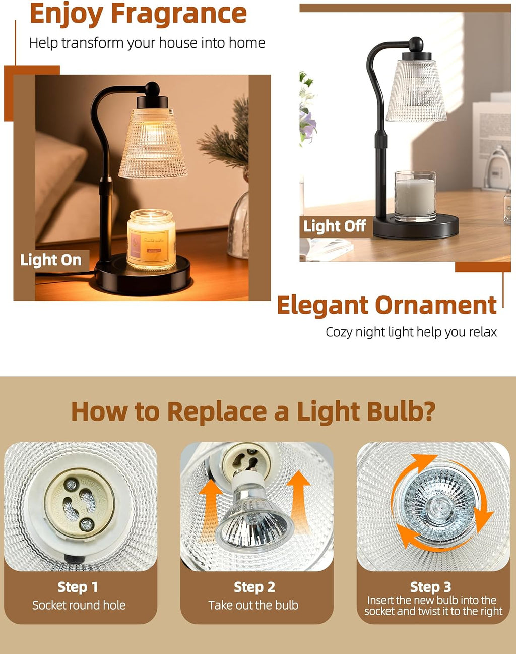 Candle Warmer Lamp for Jar Candles, Height Adjustable & Dimmable with 2/4/8H Timer, 2*50W Halogen Wax Melter Warmer for Home Office Décor, Flameless & Smokeless, Gift for Women Mom, Black-Clear/1 Pack