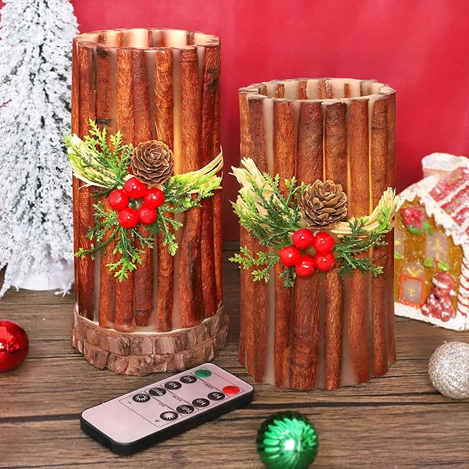 Silverstro Christmas Fake Candles with Remote Embedded Cinnamon Bark Blinks Real Wax Decorative Candles for Home Party Xmas Holiday Decorations - D3.23 X H6 Set of 2