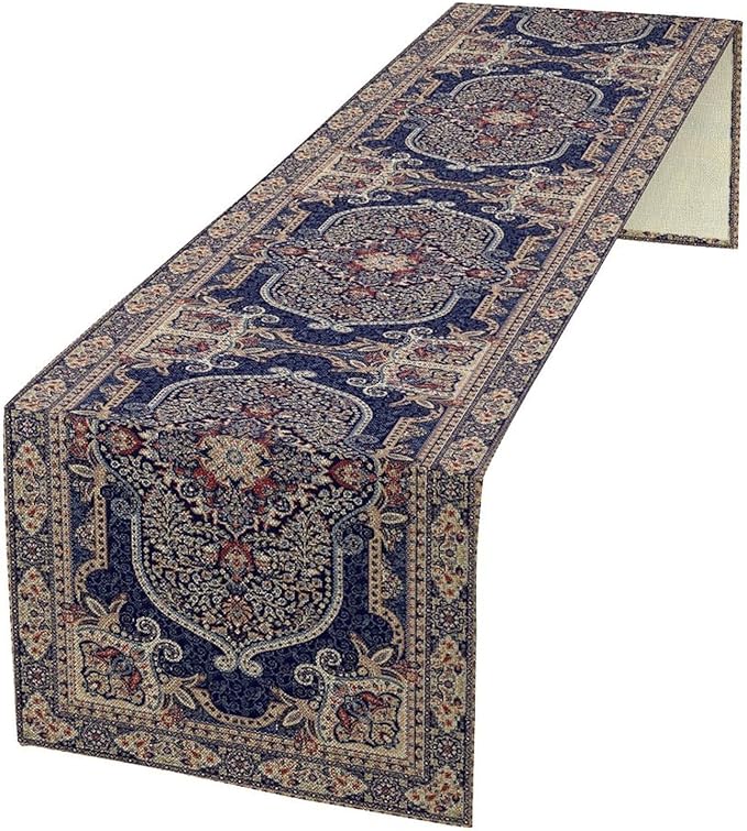 Boho Floral Vintage Table Runner, Blue Purple Retro Flower Rustic Country Farmhouse Pattern for Home Kitchen Table Decor Dining Coffee Room Party Decor 13x90in