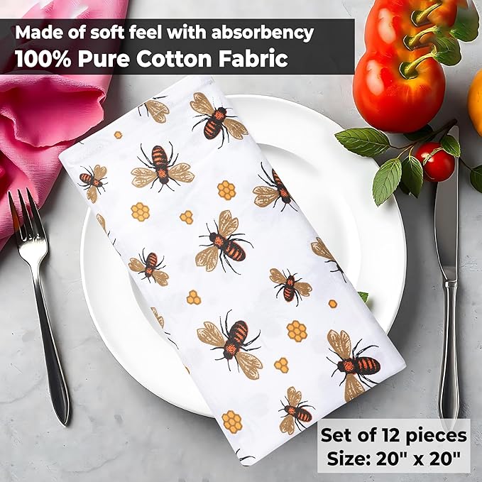 Urban Villa Dinner Napkins Honey Bee Print Cloth Napkins (Set of 12) Oversized 20x20 Inches 100% Cotton Premium Quality Soft Durable with Mitered Corners Reusable Washable Everyday Use Parties Napkins