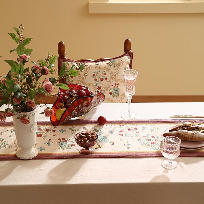 patdrea Designer Idyll Linen Extra Long Table Runner,Vintage Beige Farmhouse with Ancient Figure and Fruit Trees Pattern Table Mat, Decoration for Kitchen Dining Banquet Christmas ,12"*102"
