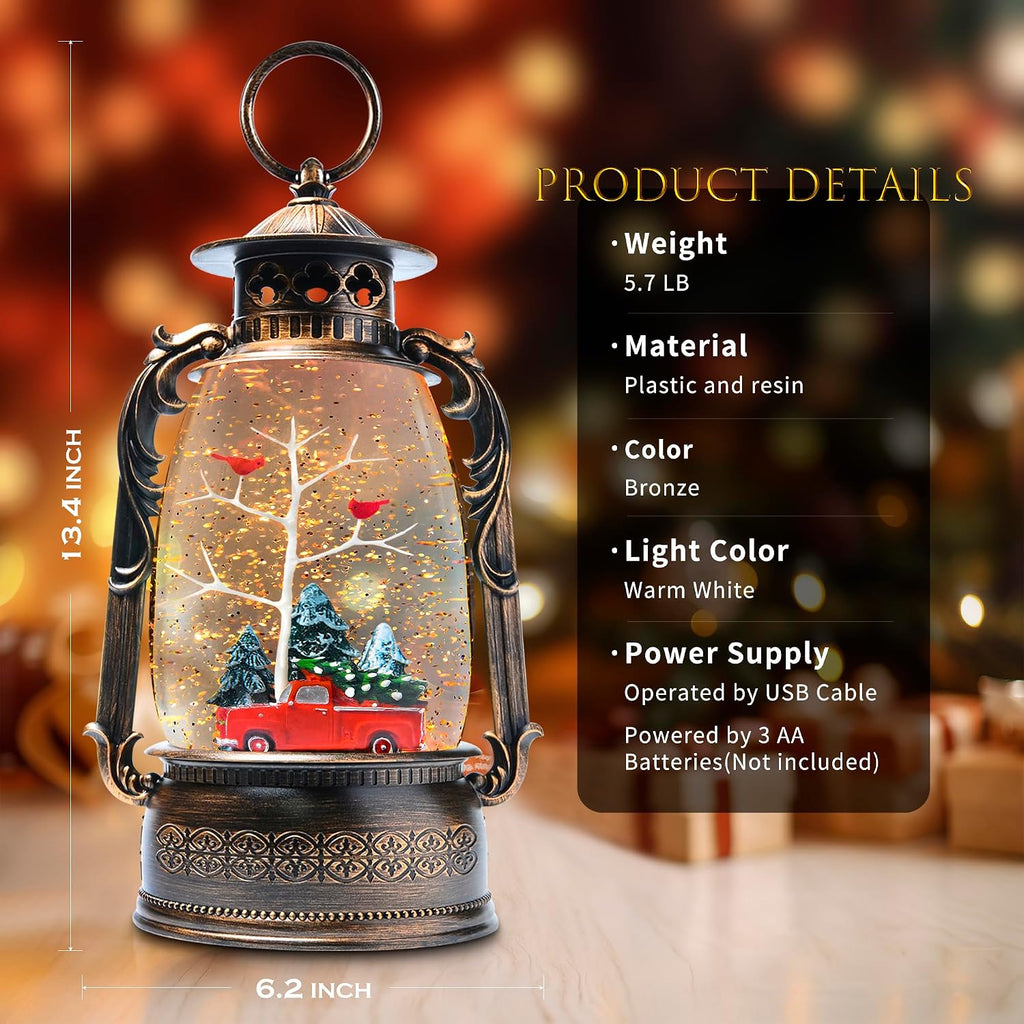 Large Christmas Snow Globes, 13.8" Cardinal Musical Snow Globe 8 Songs 6H Timer Music Box Dual Power Snowglobes for Kids Adults Red Truck Christmas Lantern Lighted Christmas Decor Indoor Gifts