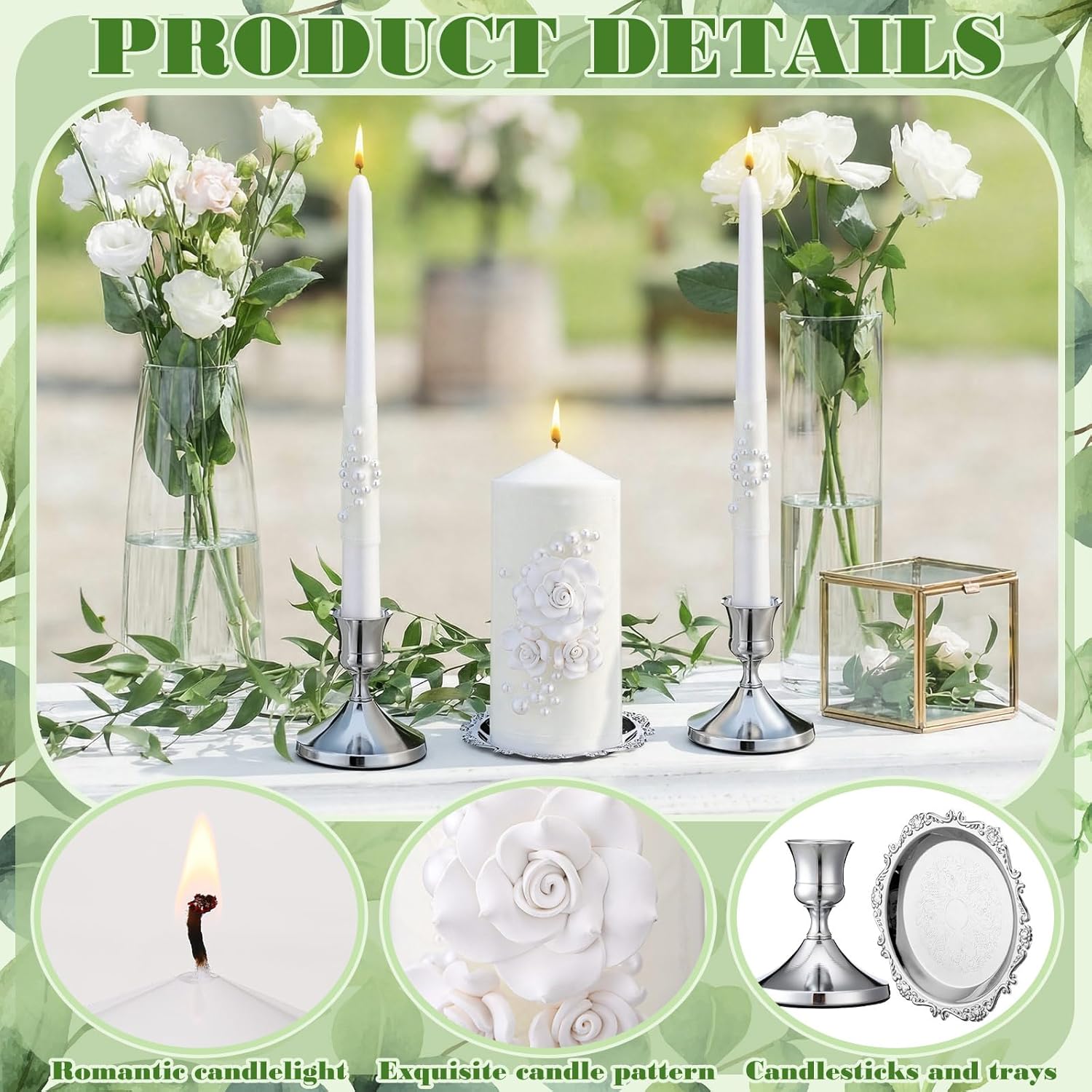 Irenare Unity Candles with Holder for Wedding Ceremony Unity Candle Set Wedding Table Decorations Accessories for Formal Events Church (Ceramic Flowers)