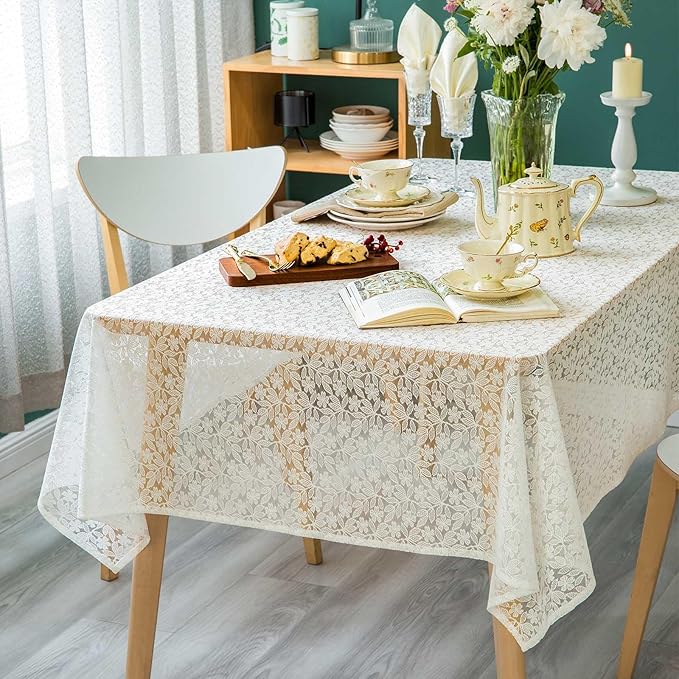 Lace Tablecloth Leaf Pattern Warp Knitting Fabric Solid White Rectangle/Oblong Table Cover for Kitchen Dining Farmhouse Wedding Party Decor Ivory, 55x102 Inch