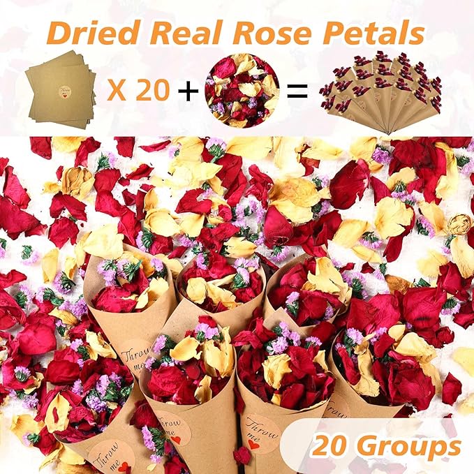 20+ Cups Real Dried Flower Petals, Biodegradable Wedding Flower Confetti, Mix Rose Petals and Purple Static Flowers for Engagement, Valentine's Day, Bath, Flower Girl Party Dinner Table Decor