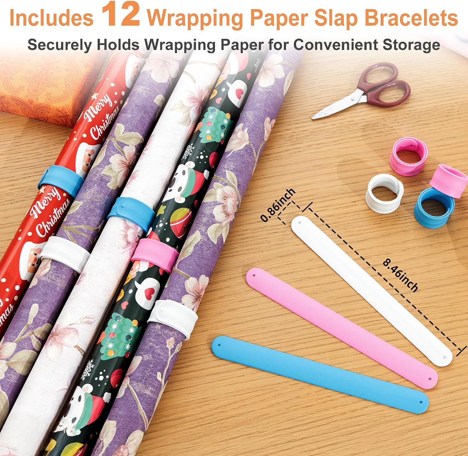 Aquzee Gift Wrapping Paper Organizer Storage, Rolling Gift Wrap Storage Stand, Vertical Wrapping Paper Storage Cart, Ribbon Organizers, 12 PCS Slap Bracelets, Adjustable Rod Design, White