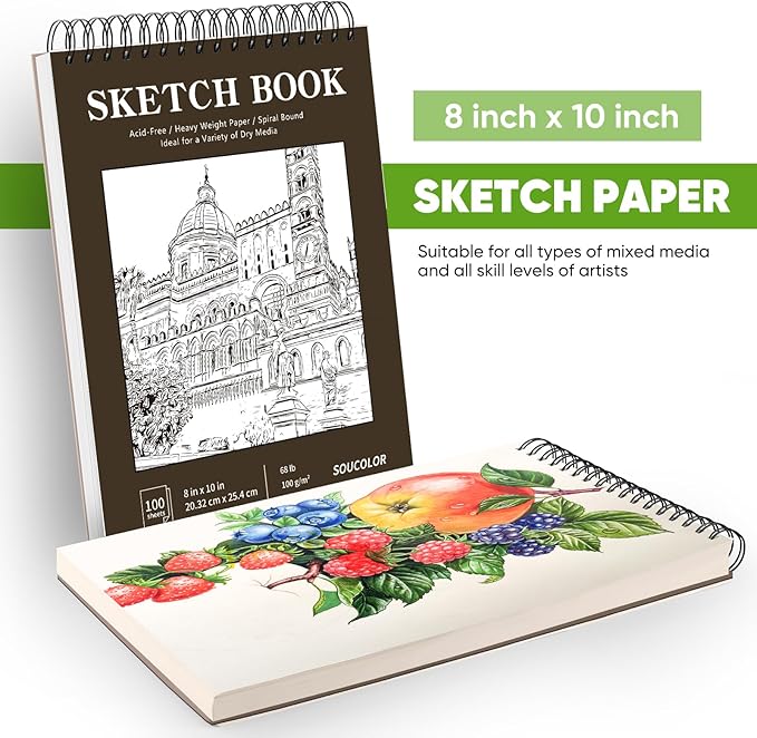 Soucolor 8" x 10" Blank Spiral Notebook| 100 Sheets 68lb/100gsm| Classroom Must Haves Supplies, Back to School Supplies for Teachers & Students| Small Sketchbook Drawing Paper for Kids and Adults