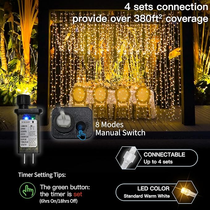 suddus Curtain Lights for Bedroom, 300 Led 9.8x9.8ft Hanging String Lights Outdoor, Fairy Curtain Lights Indoor for Christmas, Dorm, Wall, Backdrop, Window, Wedding, Party, Birthday Decor, Warm White