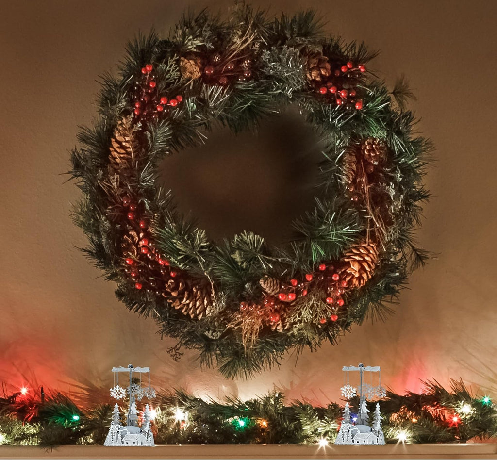 Winter Cabin Holiday Silver Candle Spinners Set of 2 – Silver Plated Laser Cut Christmas Cabin Scene Tea Light Candle Holders with Snowflake Charms – 5" Holiday Tabletop Décor