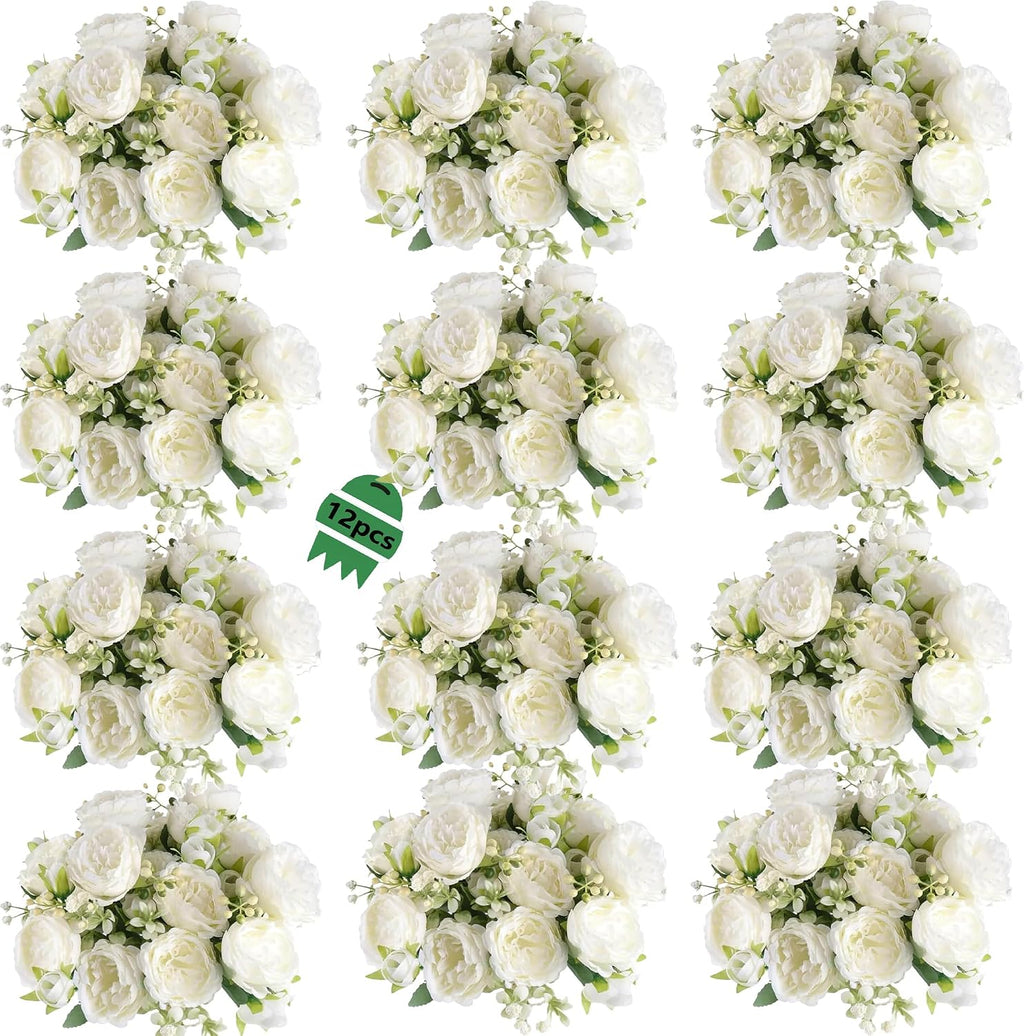 peonies artificial flowers 12 bouquets,white flowers lifelike silk, main product view