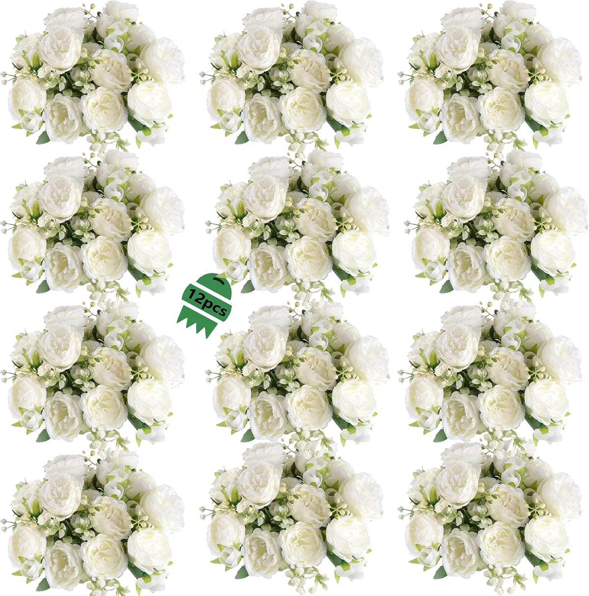 peonies artificial flowers 12 bouquets,white flowers lifelike silk, main product view